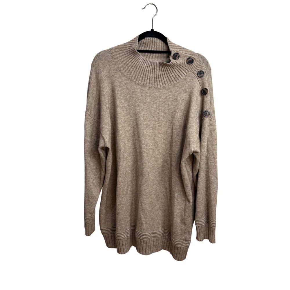 Anthropologie Womens XL‎ Sweater Lagenlook Mock Neck Earth Beige Button Detail